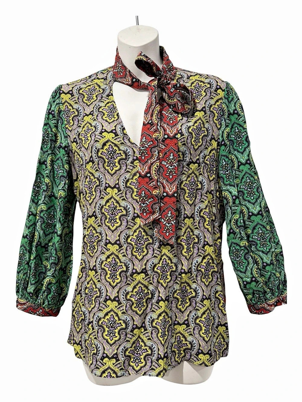Alice + Olivia Sheila Blouse Paisley Tie Neck Bow M Boho Top 3/4 Puff Sleeve Art